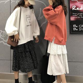 Cartoon Print Sweatshirt / Dotted Midi Tiered Skirt