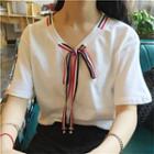 Short-sleeve Ribbon-neck Top