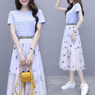 Set: Striped Short-sleeve T-shirt Dress + Sheer Midi Skirt