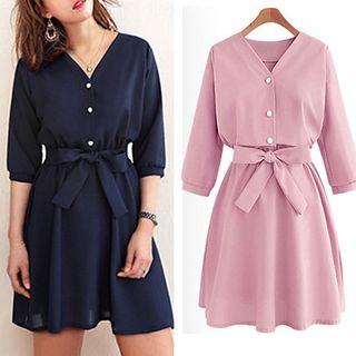 V-neck Tie Waist Elbow-sleeve Dress