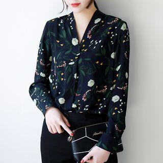 Long-sleeve Flower Print Chiffon Blouse