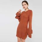 Flared-sleeve Mini Sheath Knit Dress