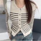 Long-sleeve Striped Knit Top Almond - One Size