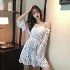 Long-sleeve Perforated Knit A-line Dress White - One Size