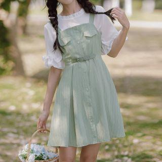 Bell-sleeve Top / Striped Mini A-line Overall Dress / Set