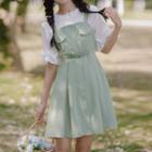 Bell-sleeve Top / Striped Mini A-line Overall Dress / Set