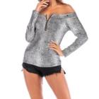 Long-sleeve Patterned Off-shoulder Top