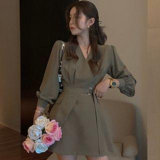 Long-sleeve Belted V-neck Mini A-line Dress