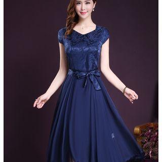 Tie Waist Short-sleeve Midi A-line Dress