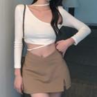 Long-sleeve Strappy Crop Top / Mini Skirt