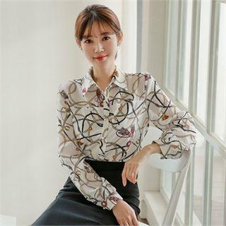 Faux-pearl Button Printed Blouse