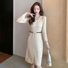 Contrast Trim Mesh Panel Long Sleeve Knit Dress