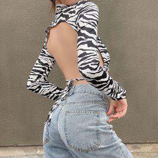 Long-sleeve Zebra Print Mock-neck Crop Top