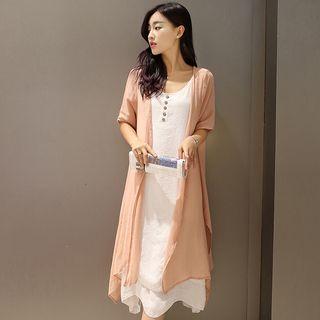 Set: Sleeveless Midi A-line Dress + Elbow-sleeve Light Jacket