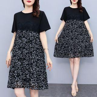 Elbow-sleeve Floral Lace Smock Dress
