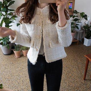 Fringe-trim Tweed Jacket Light Beige - One Size