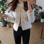 Fringe-trim Tweed Jacket Light Beige - One Size