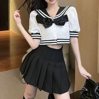 Puff-sleeve Sailor Collar Blouse / Pleated Mini A-line Skirt / Set