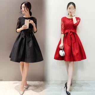 Bow-accent Lace Panel A-line Dress