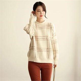 Mock-neck Patterned Knit Top Ivory - One Size