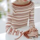 Boatneck Striped Knit Top Stripe - Coffee - One Size