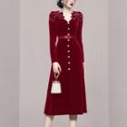 Long-sleeve Bow A-line Velvet Dress