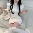 Short-sleeve Mock-neck Knit Mini Sheath Dress