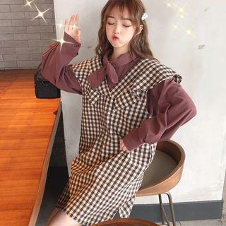 Long Sleeve Lace-up Blouse / Sleeveless V-neck Ruffled Check Dress