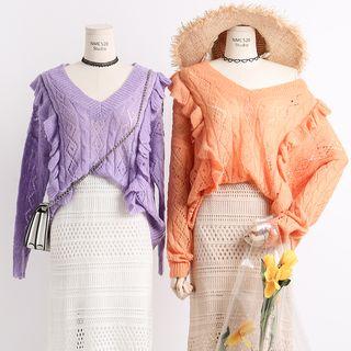 Lightweight Loose-fit Ruffled-trim Knit Sweater