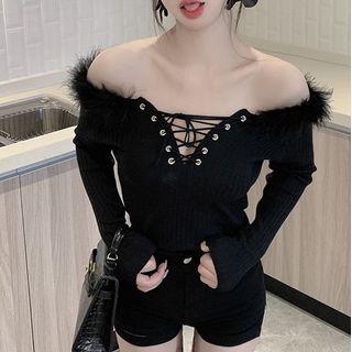 Off-shoulder Fluffy Trim Lace-up Knit Top Black - One Size