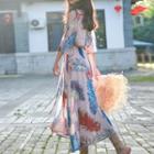 3/4-sleeve Feather Print Midi A-line Dress
