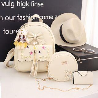 Set: Bow Detail Faux Leather Backpack + Circle Crossbody Bag + Wallet