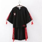Set: Fox Embroidered Tassel-detail Tee + Color-block Shorts Black - One Size