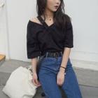 Loose-fit V-neck Plain Off-shoulder Top