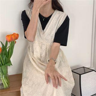 Floral Eyelet Lace Midi Overall Dress Beige Almond - One Size