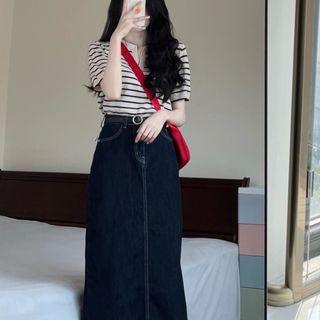 Short-sleeve Striped Knit Top / Denim Midi A-line Skirt