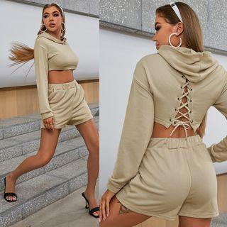 Set: Lace-up Back Crop Hoodie + Shorts