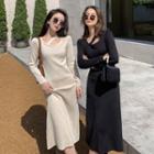Long-sleeve Knit Midi Straight-fit Skirt
