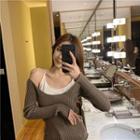 Mock Two-piece Long-sleeve Knit Top Coffee - One Size