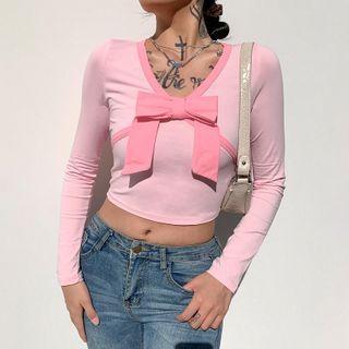 Long Sleeve V Neck Bow-detail Crop Top