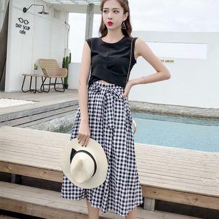 Set: Plain Sleeveless Crop Top + Plaid Midi A-line Skirt