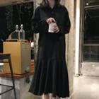 Ruffle-hem Long-sleeve Midi Shirt Dress Black - One Size