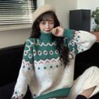 Turtleneck Ethnic-print Knit Sweater