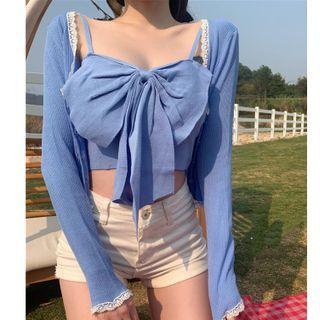 Cropped Lace Trim Cardigan / Bow Camisole Top
