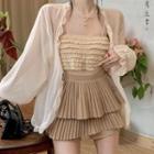 Cropped Camisole Top / Light Jacket / Pleated Mini Skirt