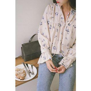 Tie-neck Frill-trim Floral Blouse