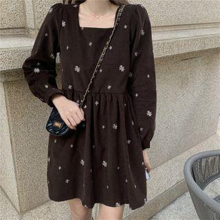 Long-sleeve Flower Embroidered Mini A-line Dress