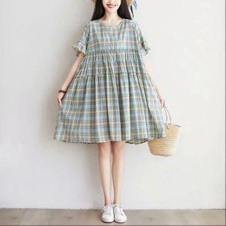 Plaid Bell-sleeve Mini A-line Dress