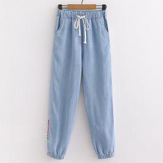 Drawstring Lettering Embroidered Jeans