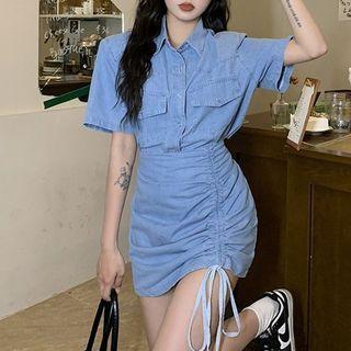 Short-sleeve Denim Shirt / Drawstring Mini Skirt
